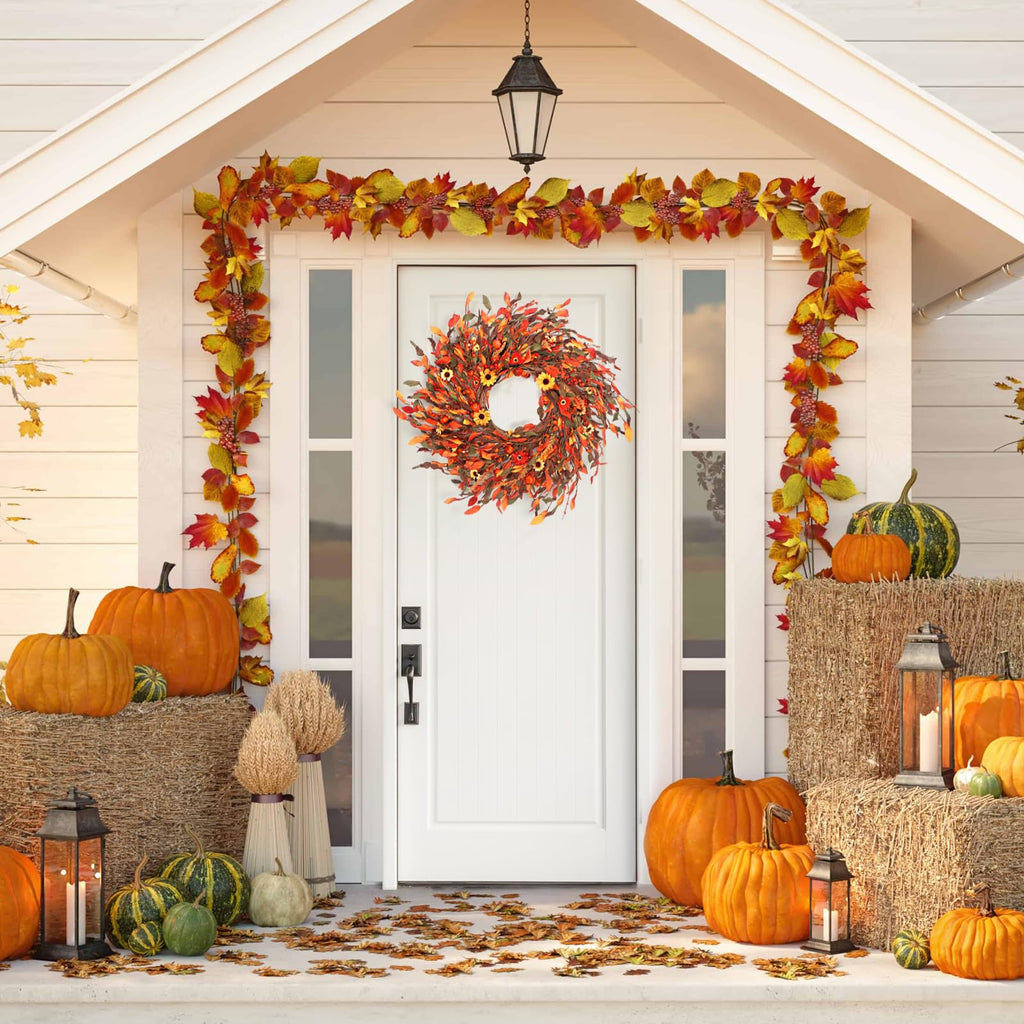 25" Fall Wreaths for Front Door, Passional Daisy Pumkin Wreath for Thanksgiving Harvest Front Door Wreath Decor