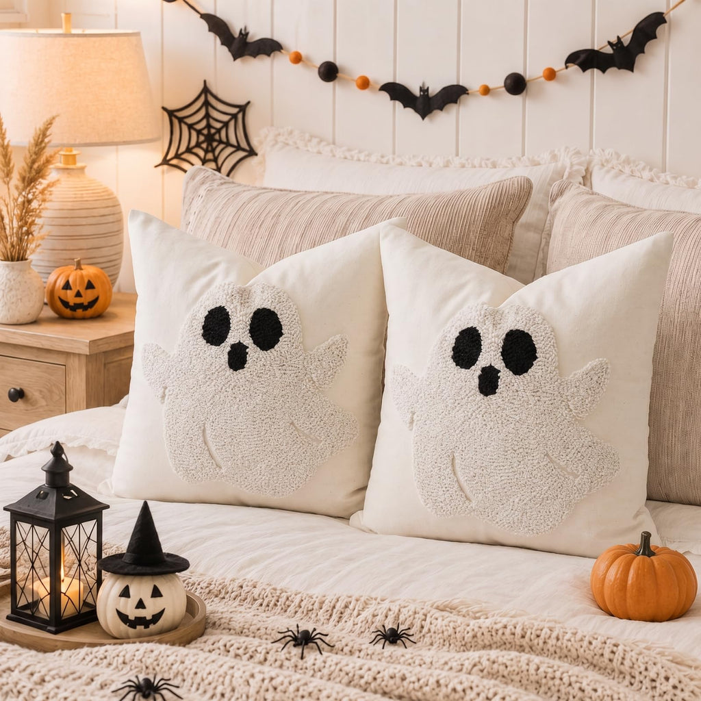 Halloween Loop Tufted Ghost Pillow Covers Set of 2 20x20, Beige