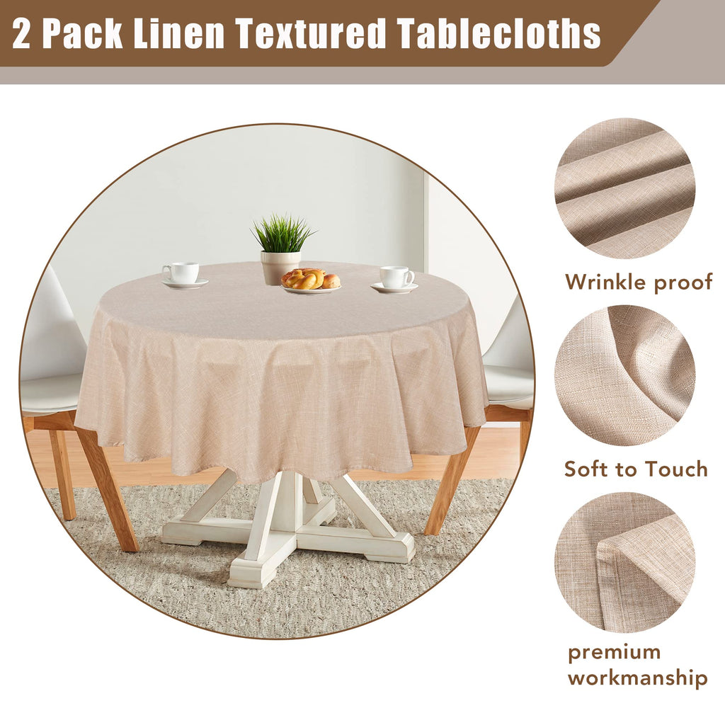 Faux Linen Textured Beige Round Tablecloths 60 Inches - 2 Pack Faux Burlap Table Clothes for Banquet, Party, Dining