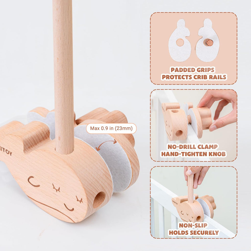 Wooden Baby Crib Mobile Arm, 31 Inch, Solid Beech Wood, 360° Rotatable, Whale Design, Adjustable, Anti-Slip, Mobile