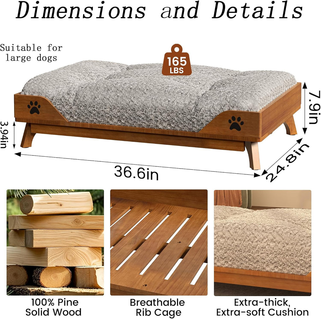 Elevated Solid Wood Large Dog Bed - Brown Pet Bed Frame with Soft Cushion Washable, Mid-Century Modern Raised Dog