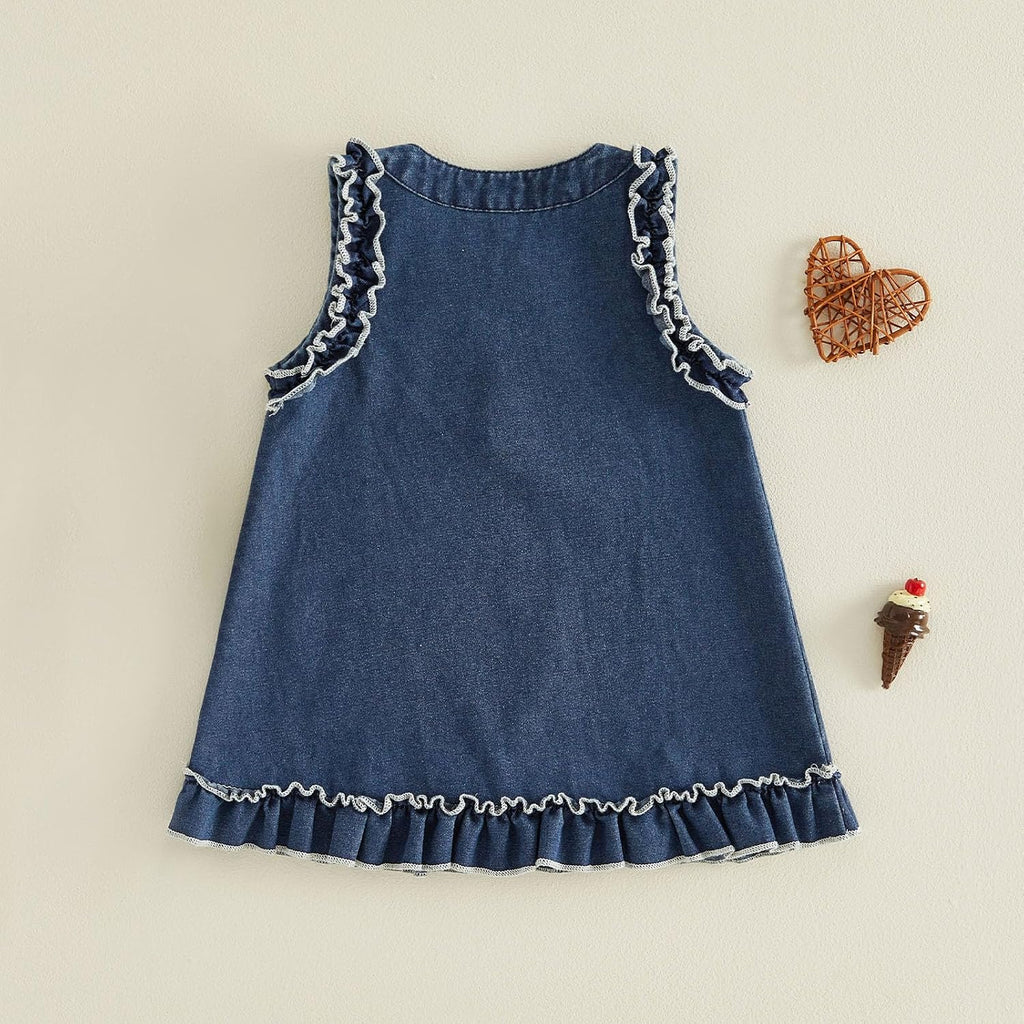 Toddler Girl Denim Dress Ruffled Trim A-line Skirt Jeans Sundress