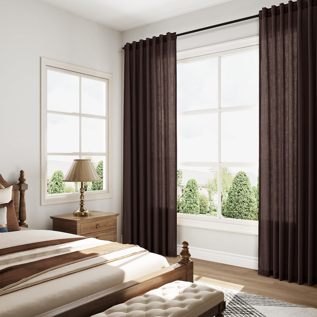 Coffee Brown Linen Curtains 90 inch Length /Bedroom Textured Semi Sheer Linen Drapes Country Window Treatment
