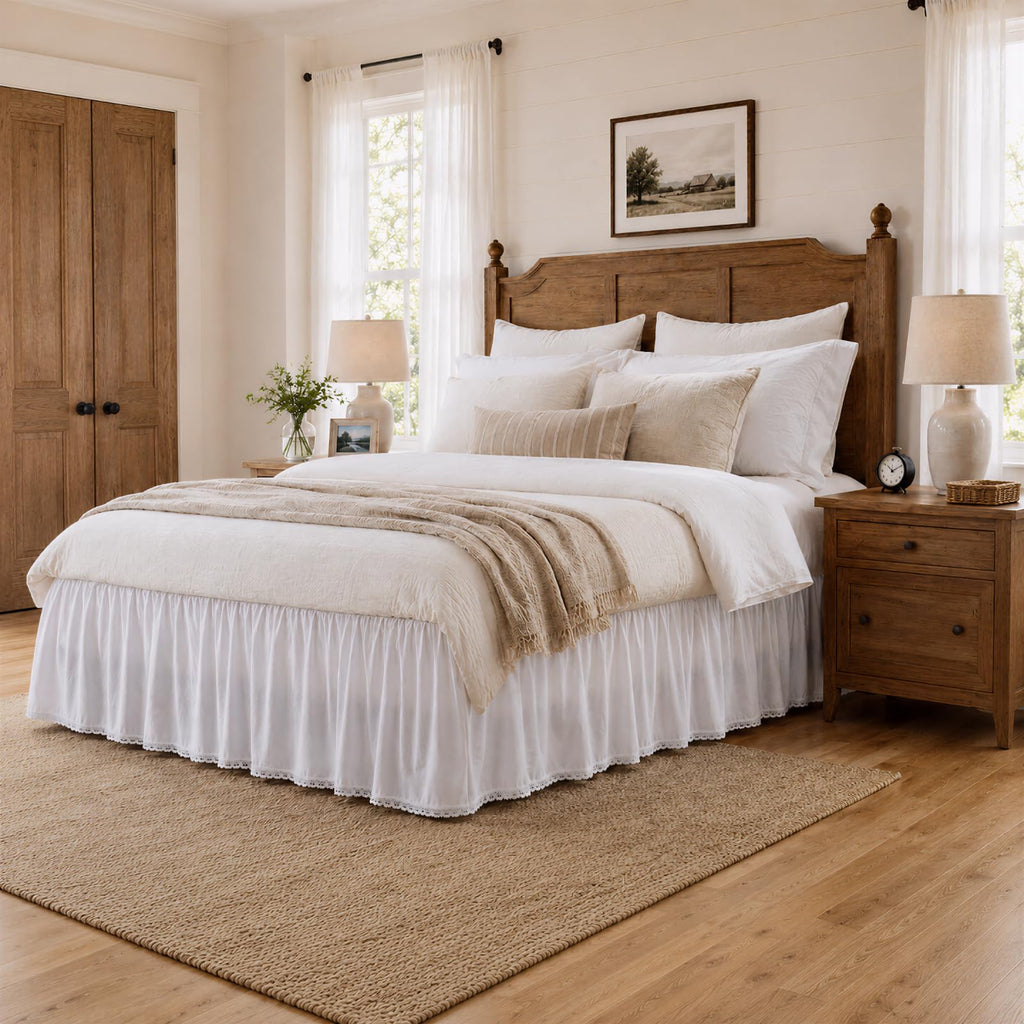White Bed Skirt, 14-Inch Drop, 100% Cotton, Split Corners