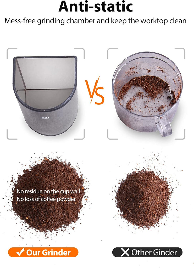 Conical Coffee Bean Grinder, 48 Settings, Anti-Static, Sliver | Stainless Steel, 40S Adjustable Timer, Removable