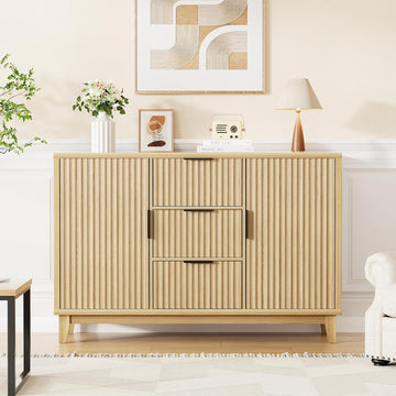 47" Fluted Sideboard Buffet Cabinet with 3 Drawers & 2 Doors - Mid Century Modern Storage Credenza, Natural Oak