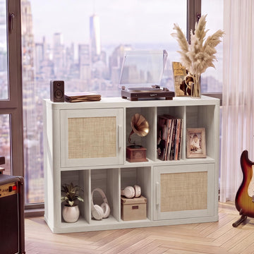 Large Record Player Stand, 39.5" Record Cabinet with Open Vinyl Storage Holds up to 400 Albums, Boho Vinyl Player