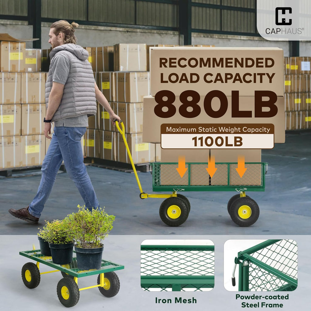 Metal Green Garden Cart, w/ 180° Adjustable Yellow Handle, w/Mat and Strap, Heavy Duty 880 lbs Capacity, w/ 10"