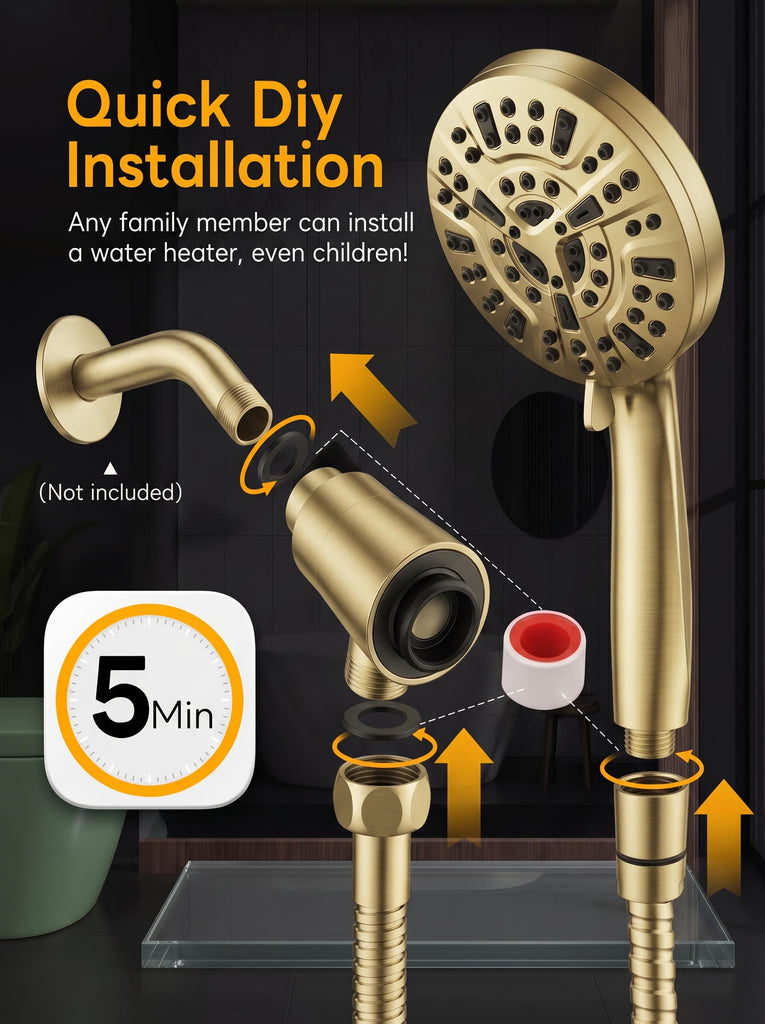 High Pressure Handheld Shower Head Brushed Gold- Anti-clog Nozzles, Built-in Power Wash to Clean Tub, Wall & Overhead