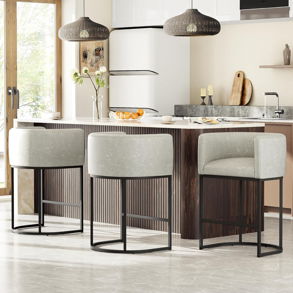 26" H Counter Height Bar Stools Set of 4, Modern Barrel Counter Stools with Backrest and Arms, Faux Leather