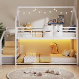 Metal Bunk Bed Twin Over Twin with Storage Staircase, Clothes Rack, LED Twin Bunk Beds for Kids with 2 Storage Drawers