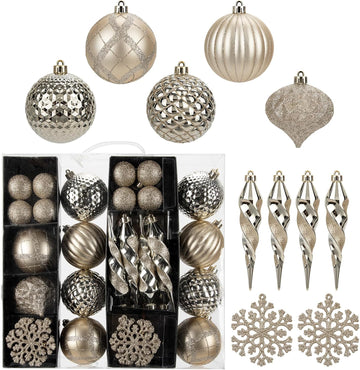 Christmas Tree Ornaments Set with Shatterproof Balls Icicle Snowflake Hanging Ornaments Farmhouse Christmas - Set of 50