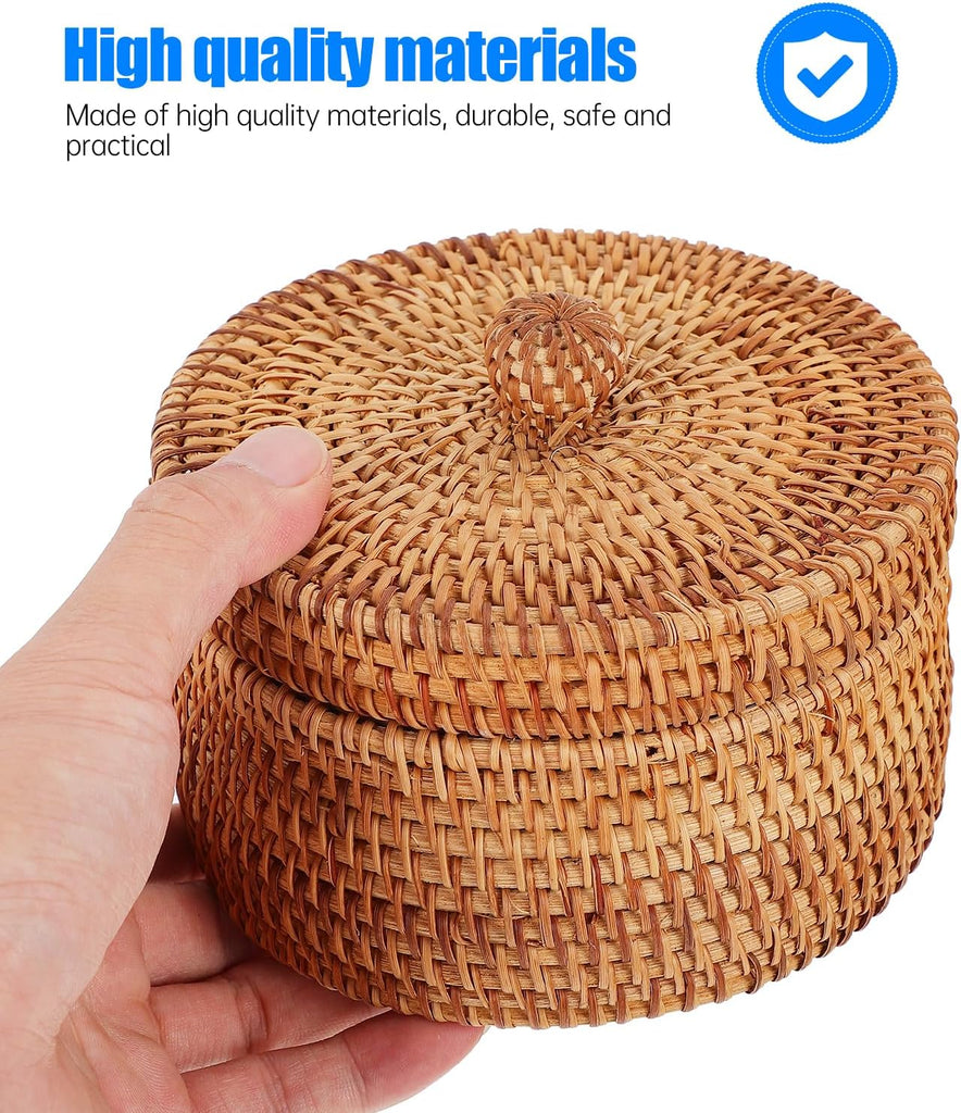 Handwoven Rattan Storage Box with Lid, Small Round Wicker Basket for Desktop Organization, Bathroom Shelf, Dresser