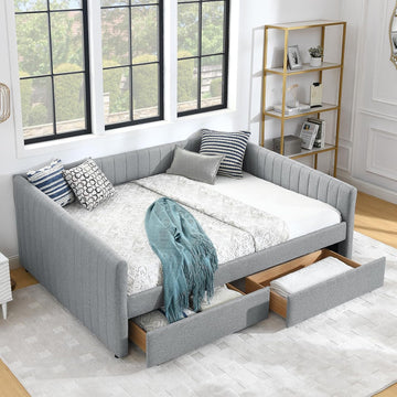 Daybed with Storage Drawers, Modern Upholstered Linen Queen Size Day Bed Frame with Stripes, Tufted Corner Sofa Bed