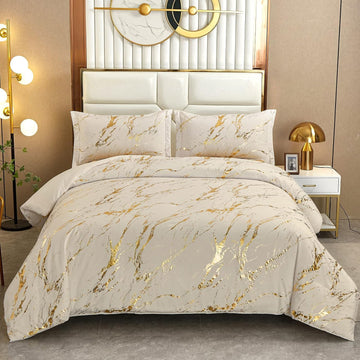 Gold Metallic Marble Khaki Comforter Set Full Foil Print Glitter Bedding Sets with 2 Pillowcases for All Seasons
