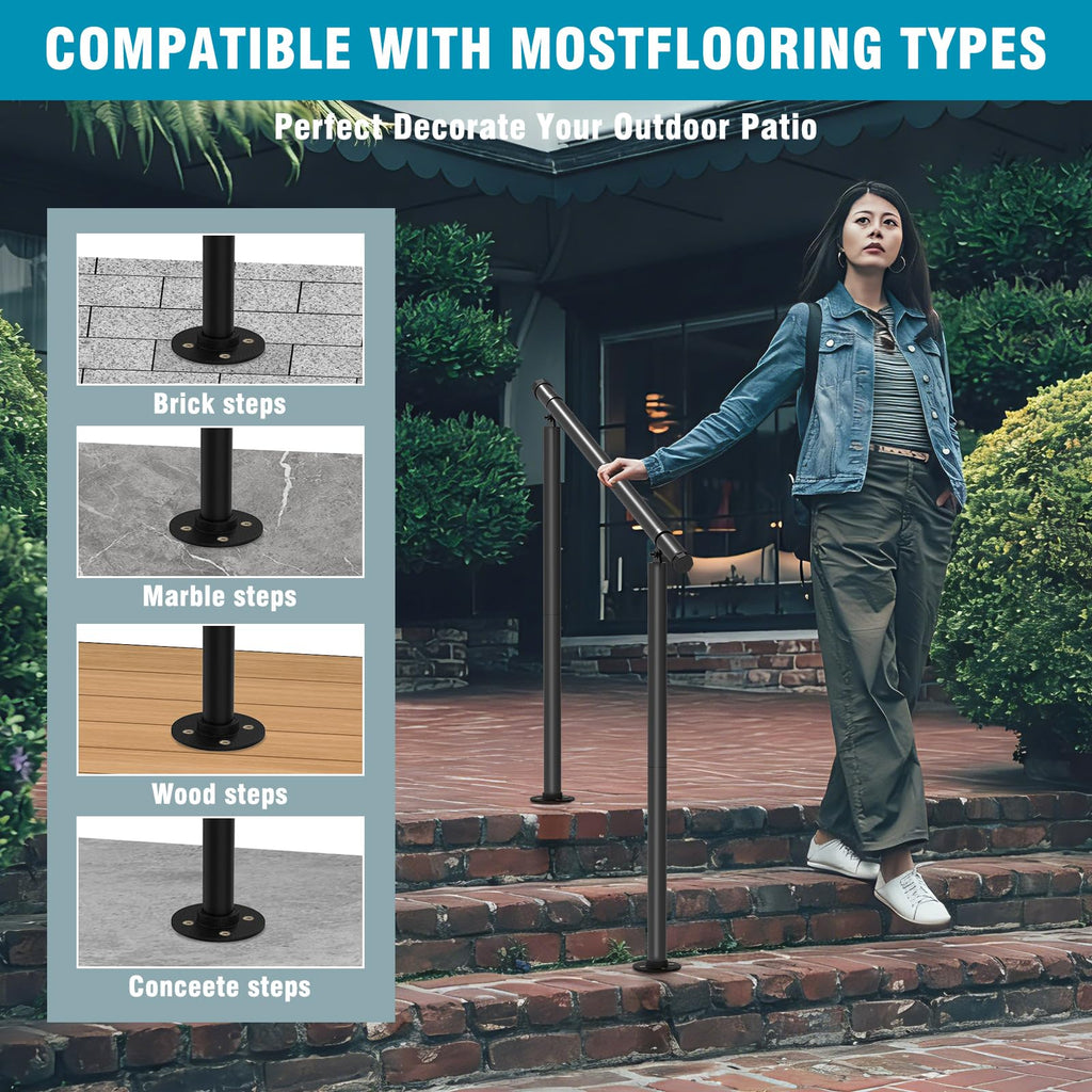 Hand Rails for Outdoor Steps - Adjustable Handrail Railing Kit for Indoor Stairs (2-3 Steps), Easy One-Step Assembly