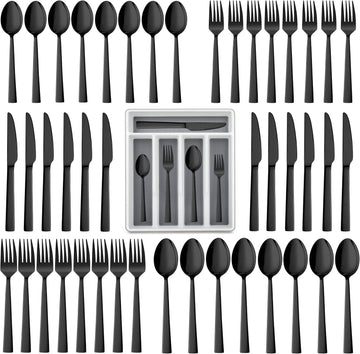 60-Piece Black Silverware Set with Organizer Tray, Stainless Steel Square Flatware Cutlery Set for 12