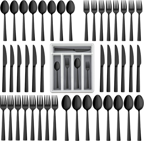 60-Piece Black Silverware Set with Organizer Tray, Stainless Steel Square Flatware Cutlery Set for 12