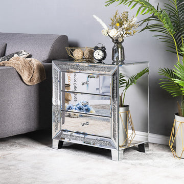 Mirrored Nightstand Glass End Table, 23" W Silver Night Stand, Mirrored Bedside Table with Storage, Glass Mirror