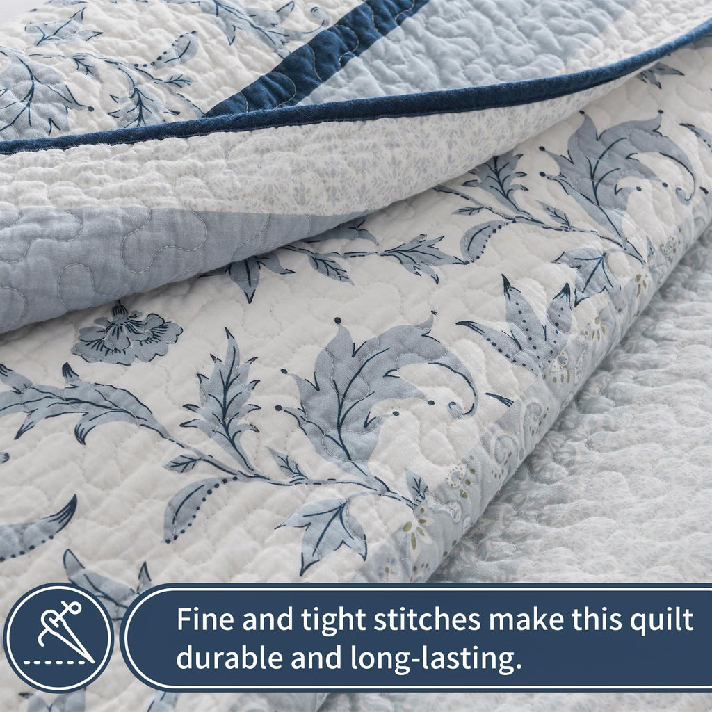 100% Cotton Quilt Set, Cottage Botanical Floral, Navy/White