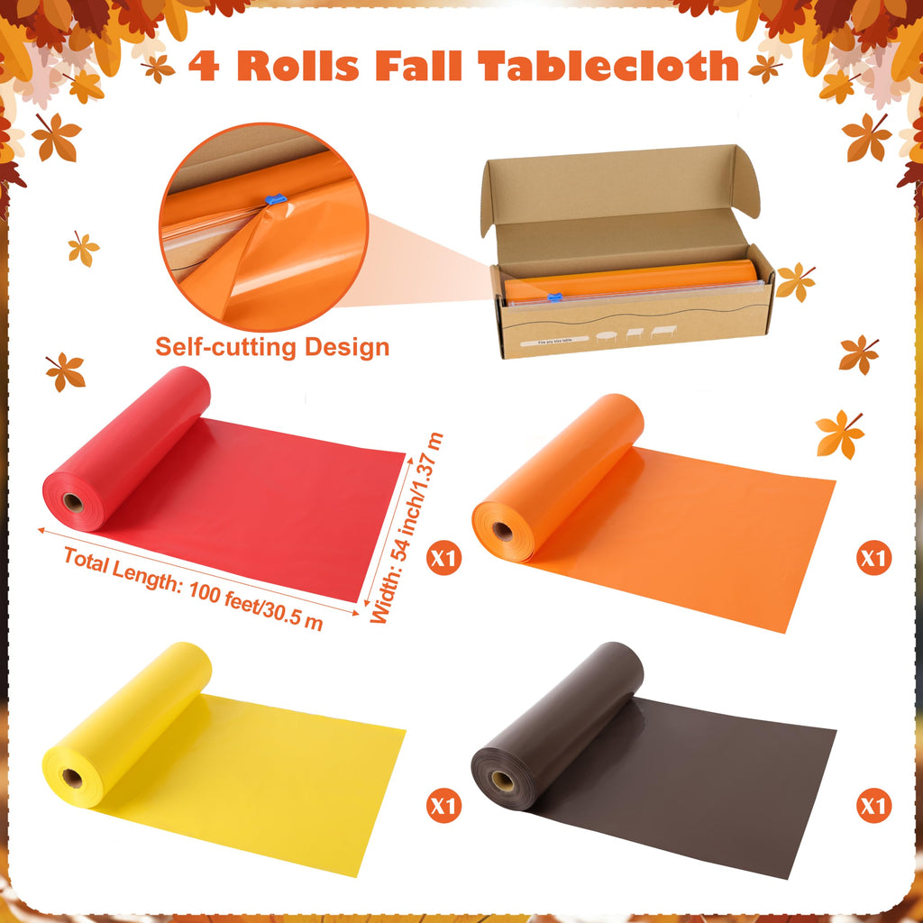 4 Rolls x 54IN Fall Plastic Tablecloth Roll with Slide Cutter Box