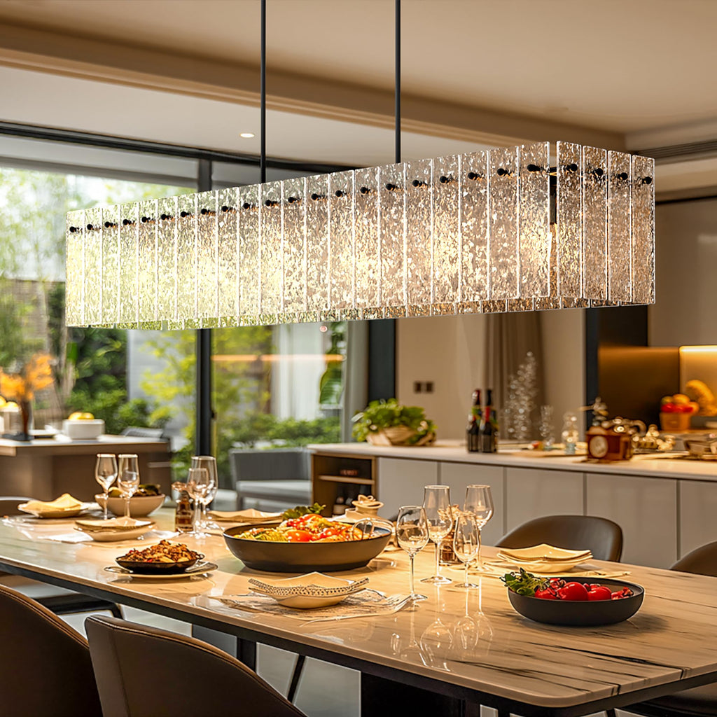 Modern Black Rectangle Chandelier, Black 48" Dining Room Chandelier with Water Ripple Glass, Linear Crystal