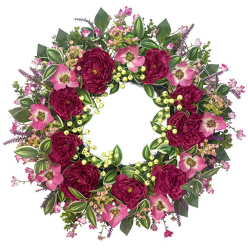 24-Inch Peony Wreath for Front Door - Artificial Berry & Floral Spring Wreath, Handmade Summer Front Door Decor