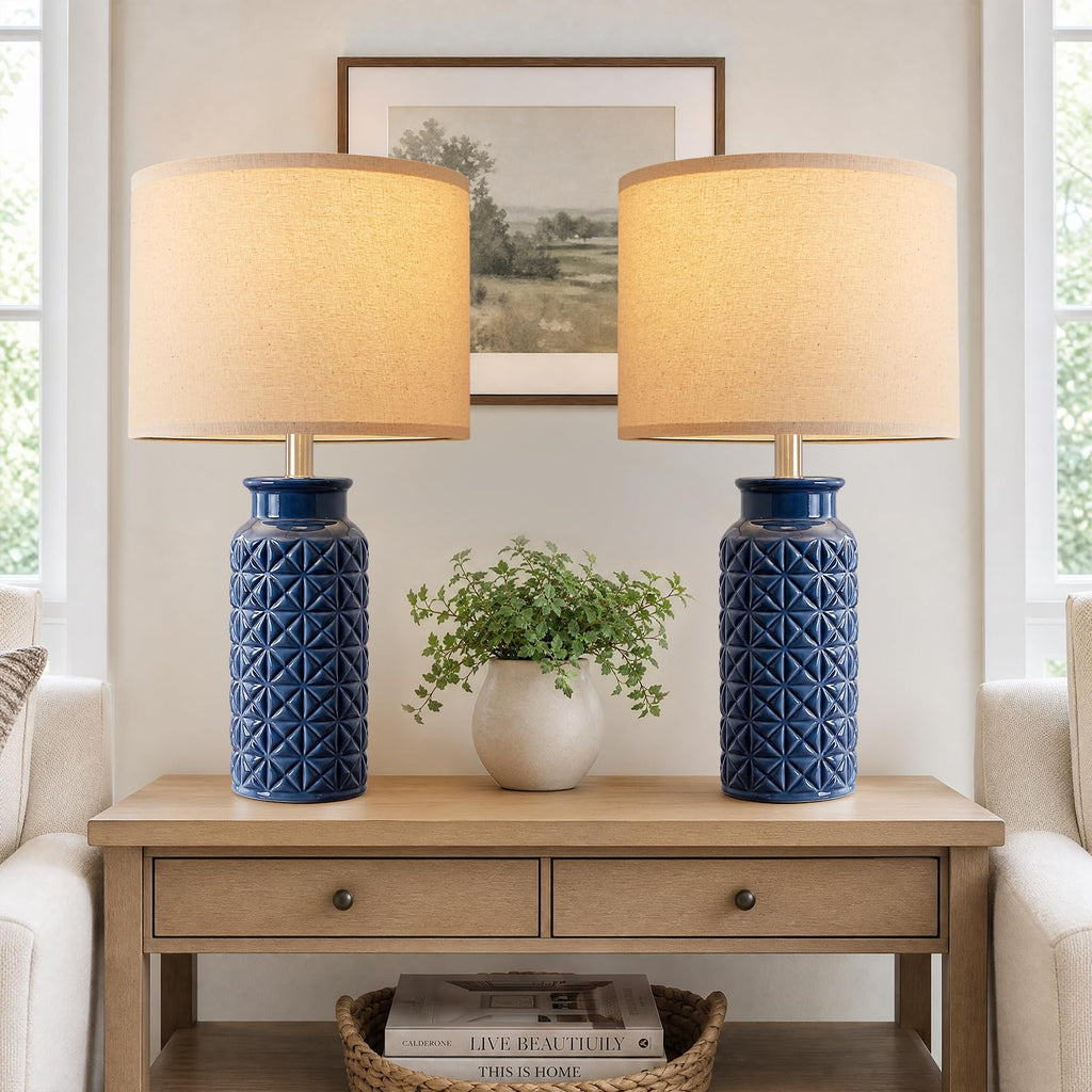 22.6" Modern Ceramic Bedside Lamps Set of 2, Lamps, Blue