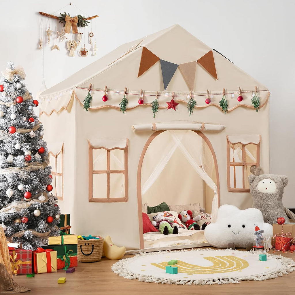 Kids Play Tent Indoor with Padded Mat & Lights, Double Doors
