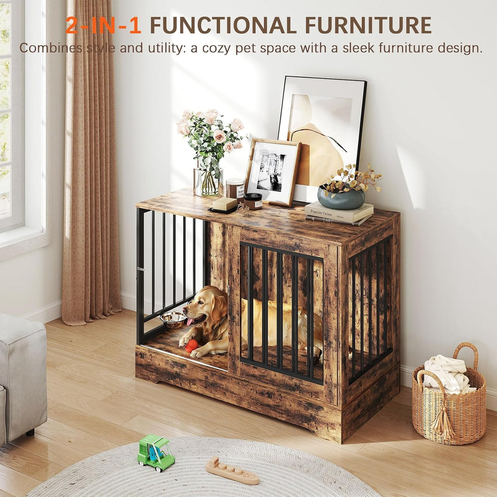 Dog Crate Furniture with Sliding Door: Heavy Duty Dog Kennel with Dog Bowls, Wooden Dog Cage Indoor, Decorative Side
