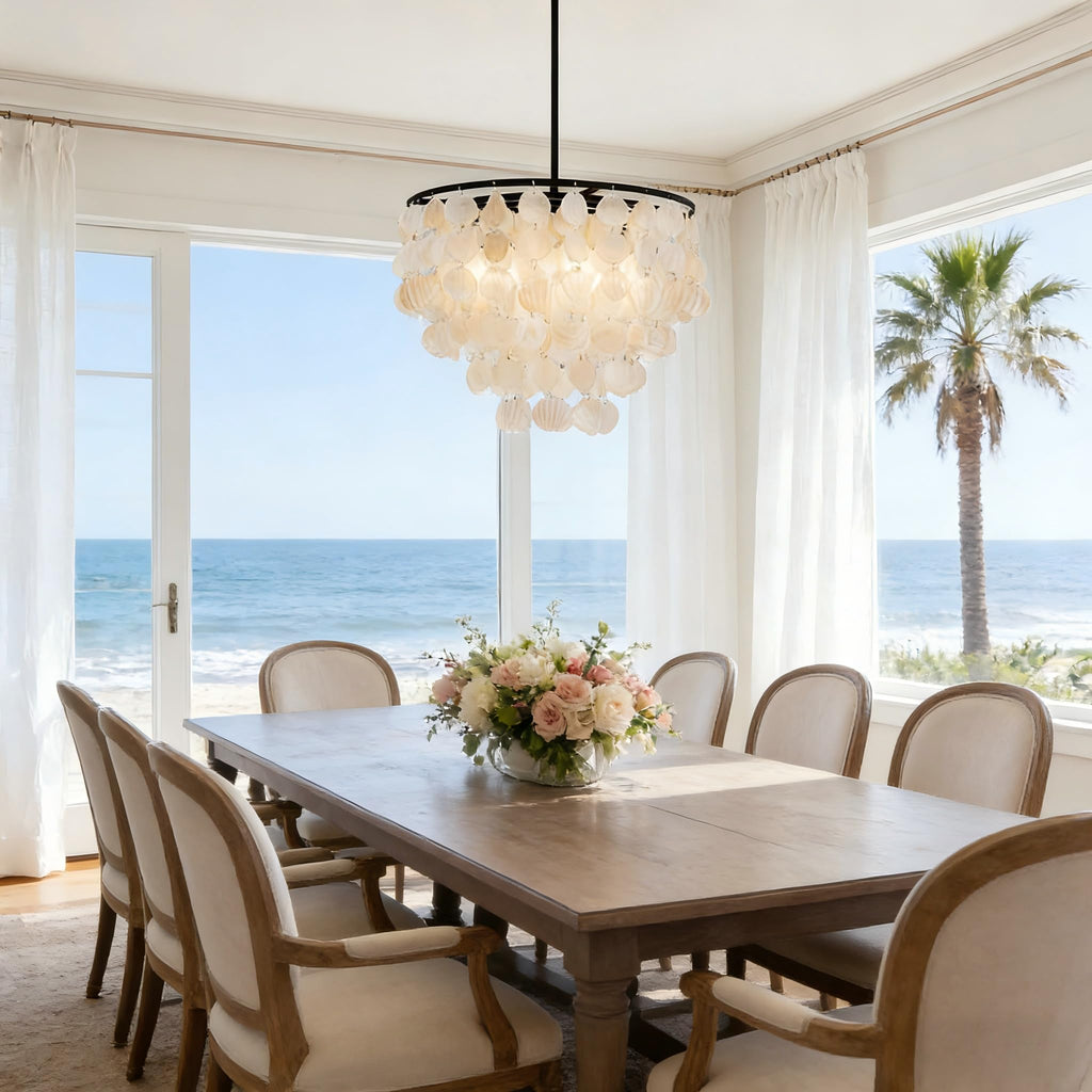 4-Lights Capiz Shell Chandelier - 17.7" Coastal Chandelier For Dinning Room, Beach House Modern Black Light Fixture