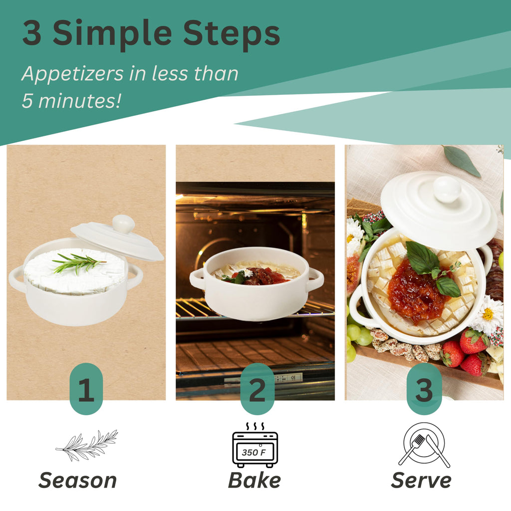 Brie Baker with Lid and Spreader - White Ceramic Baking Dish for Cheese, Baked Brie, Fondue, Dip - Oven Safe Baker