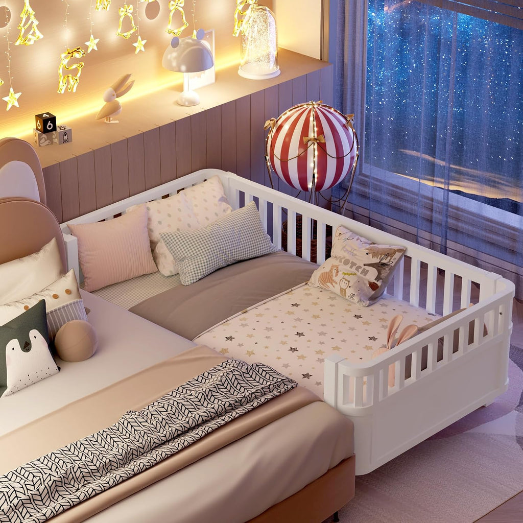 Platform Bed with Fence, Low Bed Frame with Detachable Side Bed Rails, Wooden Montessori Beds for Girls