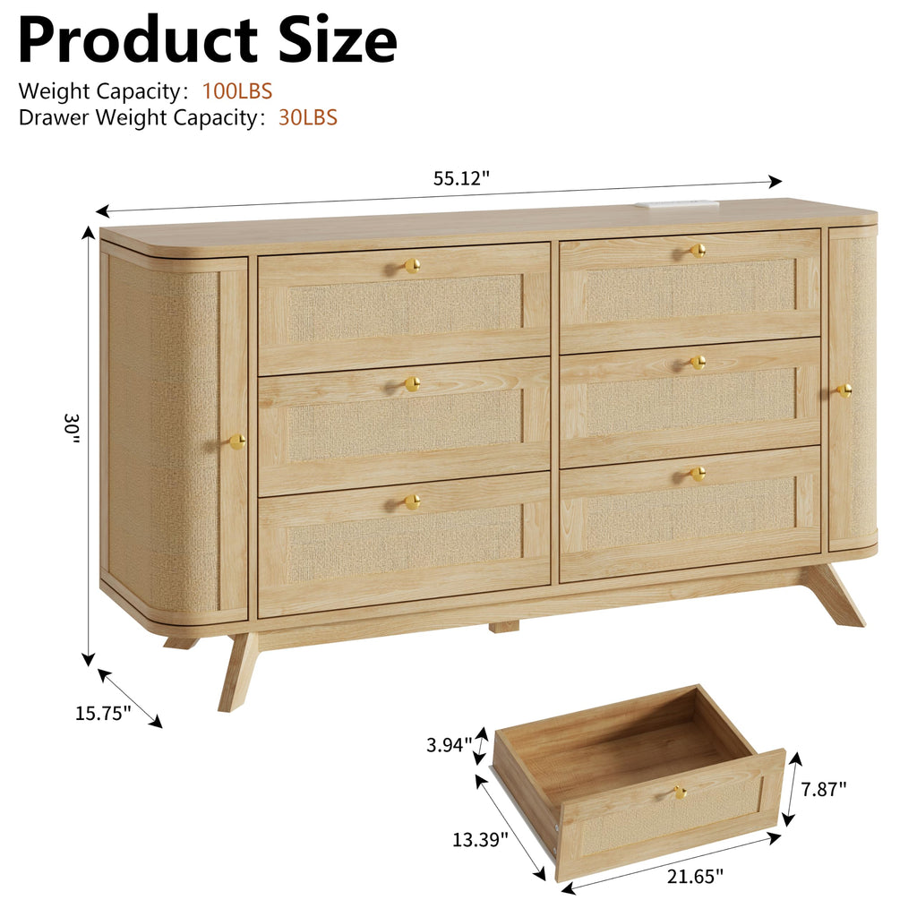 6 Drawer Dresser, 55" Wide Rattan Dressers & Chest of Drawers
