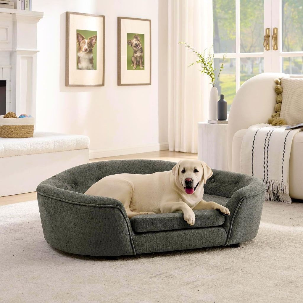 Oval Semi-Enclosed Dog Sofa Bed, Comfy Linen Farbic Pet Couch with Soft Cushion, Mini Couch for Small, Medium