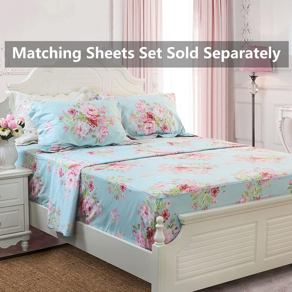 Blue Comforter Set Queen 3Pcs Vintage Floral Summer Quilt 100% Cotton Fabric with Soft Microfiber Inner Fill Bedding