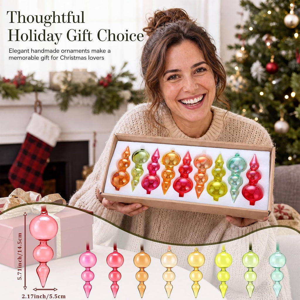 9 Pcs Hand Blown Glass Finial Christmas Ornaments, Iridescent