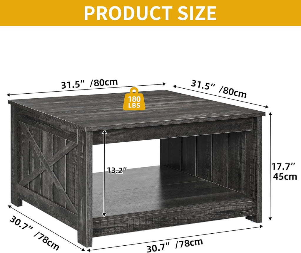Square Coffee Tables Farmhouse Coffee Table with Storage, 2-Tier Wood Center Table with Half Open Storage Compartment