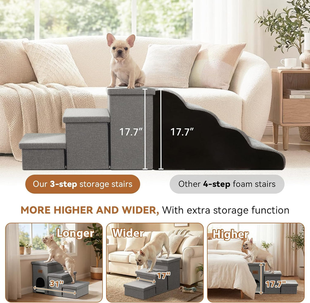 Dog Stairs with Storage, Grey 3 Steps Dog Ramp with Condo for Bed