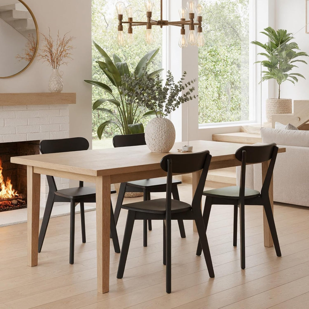 Black Wooden Dining Chairs Set of 4, Mid Century Modern Solid Rubberwood Armless Kitchen & Dining Chairs with Curved