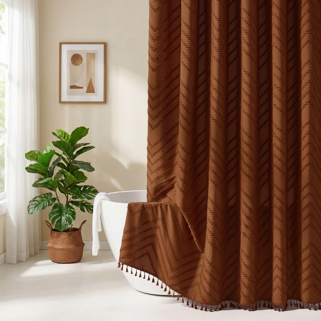 Orange Shower Curtain Vintage Boho Shower Curtain Textured Tufted Chevron Rust Shower Curtains 72" x 72"