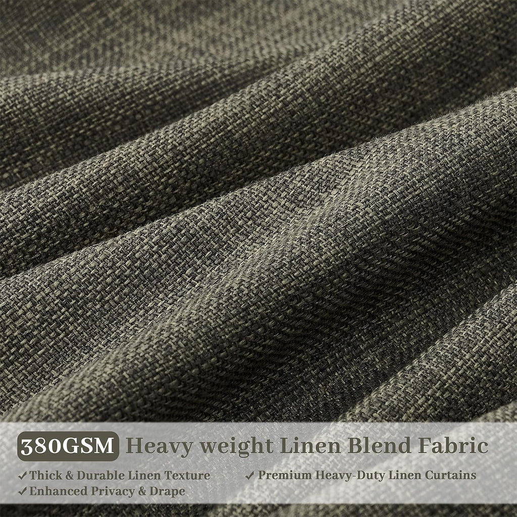 Pinch Pleated Linen Curtains 96 Inches Extra Long Olive Green Drapes, Thick Linen Light Filtering Memory Trained