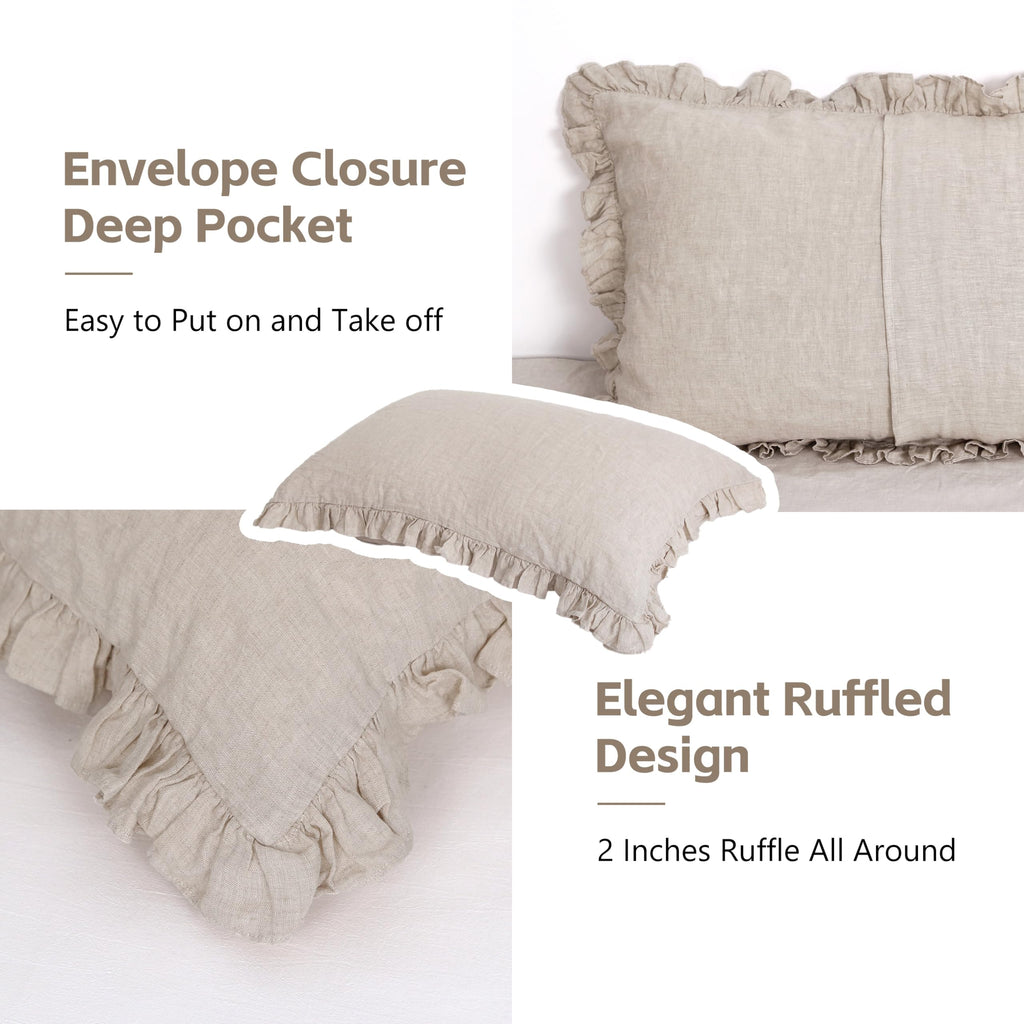 Linen World Linen Ruffled Pillow Cases 20''x30'' - 100% French Natural Linen Pillowcase Set of 2, Ruffled