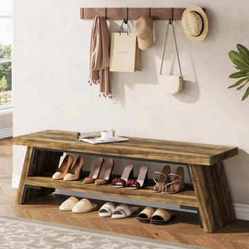47 in Long Entryway Bench with Shoe Storage, Rustic Brown