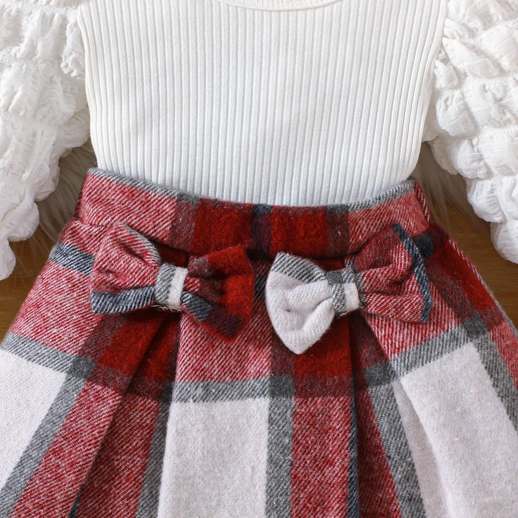 Christmas Toddler Baby Girl Plaid Dress Puff Sleeve Bow Patchwork Ribbed Shirts Dress Plaid Fall Winter Outfits (Red