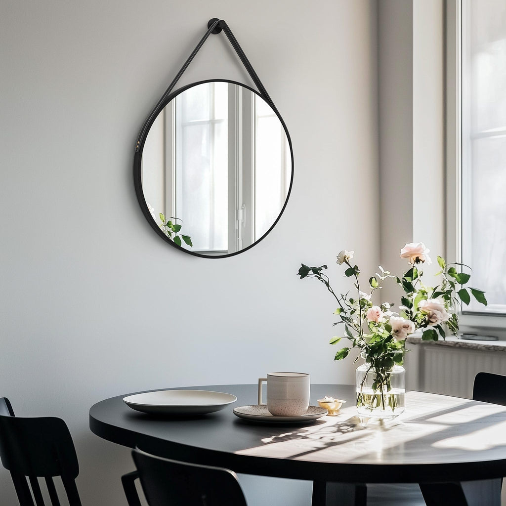 Hanging Strap Wall Mirror: 23.6" Round Bathroom Mirror Black Frame