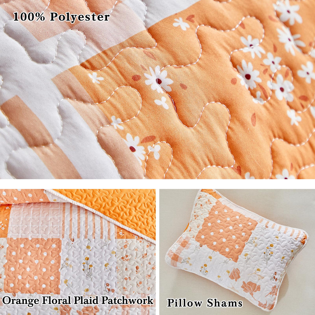 Floral Patchwork Quilt Set, 3 Pieces Orange Flower Plaid Bedspread Coverlet Set, Lightweight Soft