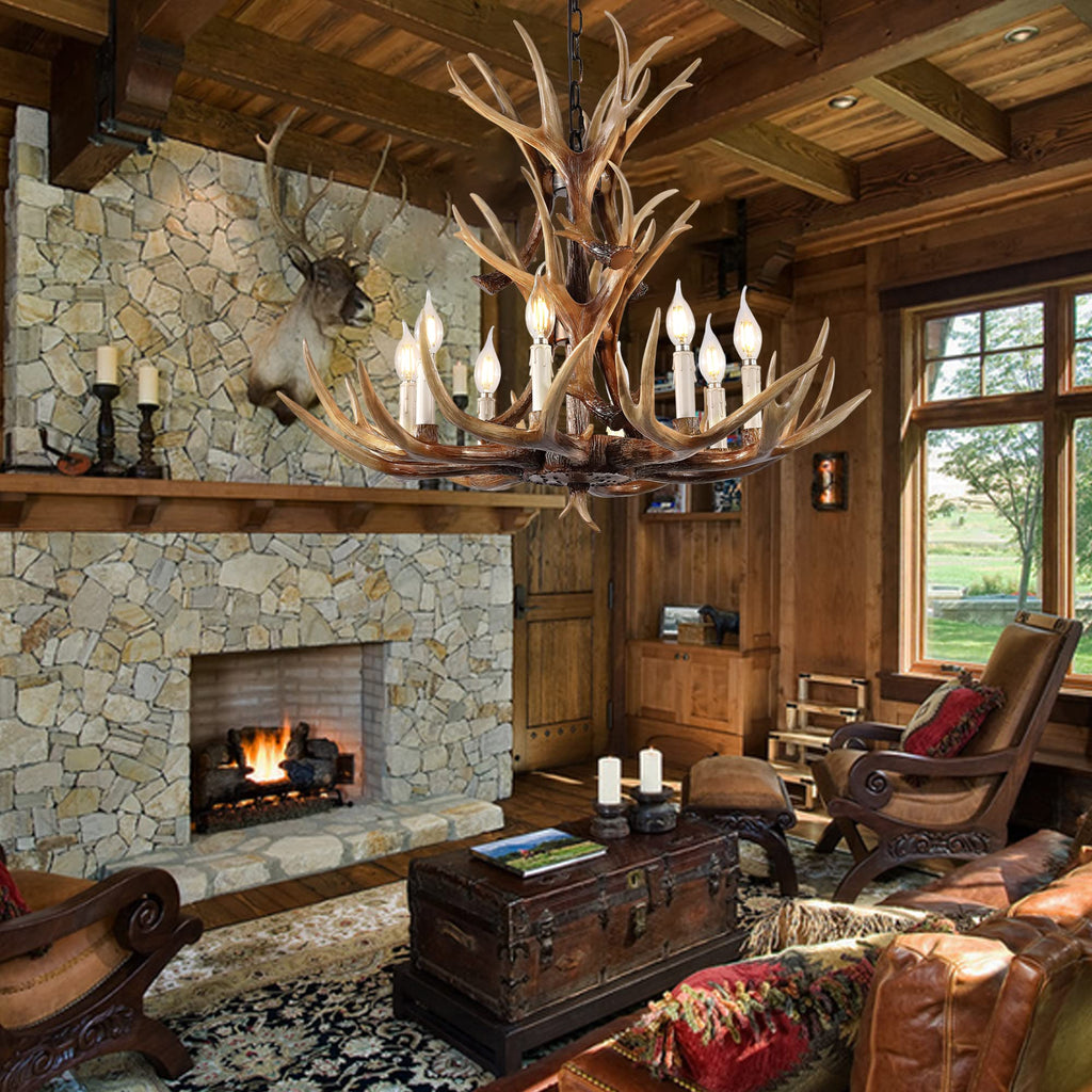 Pre-Assembled 8-Light Dual Layer Antler Chandelier, 24" Rustic
