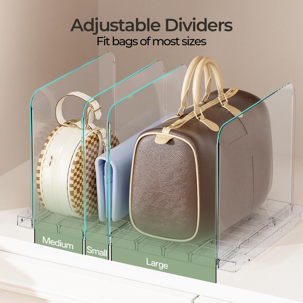 Purse Organizer for Closet, Holds 16 Bags, Clear Acrylic Adjustable Shelf Dividers, Stackable Handbag Storage, Keep