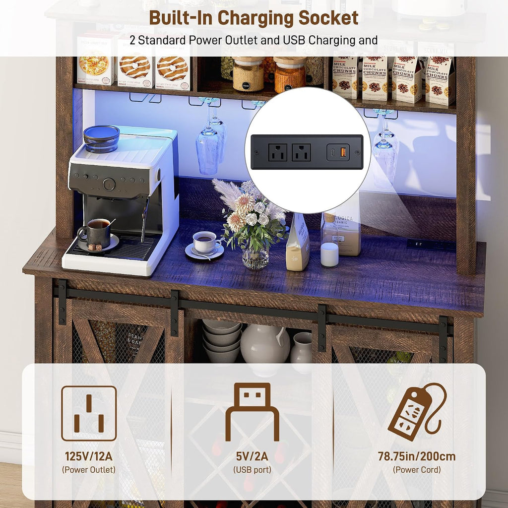 47"Wide 56"H Farmhouse Coffee Bar Cabinet with Power Outlet and LED Light,Wine Bar Cabinet w/3 Storage Hutch,Kitchen